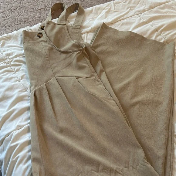 Beige Overall Wide Leg Pants with Button Details. - Picture 5 of 5